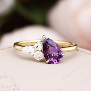 Pear Cut Natural Amethyst Engagement Ring Solid 14K Yellow Gold Bridal Ring Moissanite Cluster Ring Wedding Anniversary Ring Gift For Her
