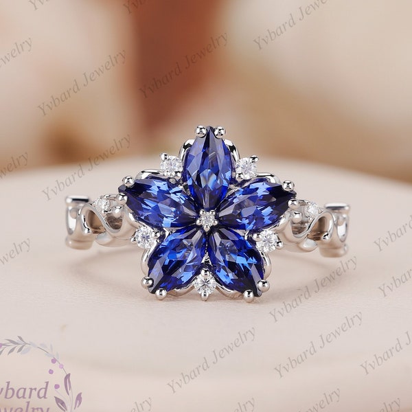 Marquise Cut Blue Sapphire Engagement Ring Solid White Gold Cluster Wedding Ring Unique Flower Ring Birthstone Anniversary Rings for Women