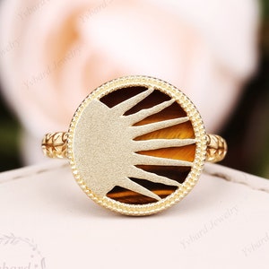 Natural Tiger Eye Wedding Ring Solid 10K/14K/18K Yellow Gold Ring Vintage Art Deco Sun Ring Unique Promise Ring Anniversary Gift For Women