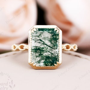 Emerald Cut Natural Moss Agate Engagement Ring, 18K/14K/10K Solid Yellow Gold Solitaire Ring, Dainty Ring, Vintage Wedding Anniversary Ring