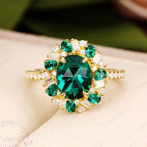 Oval Rose Cut Emerald Verlovingsring Halo Moissanite Trouwring Massief Geel Goud Art Deco Ring Unieke Verjaardag Belofte Ring Voor Vrouwen
