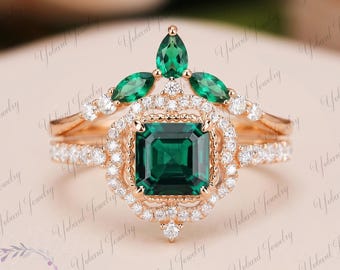 Set di anelli di fidanzamento vintage con smeraldo sintetico, set nuziale Art Déco con smeraldo, set da sposa in oro rosa 14 carati, anelli di promessa con pietra portafortuna di maggio per donna, regalo