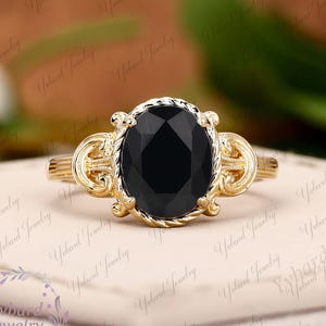 Oval cut Natural black onyx solitaire ring Unique yellow gold engagement ring woman Vintage wedding ring Bridal Promise Anniversary ring