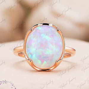 11*13.5mm Lab Created Opal  Engagement Rings, White Opal Ring, 14K Solid Gold Rings, Art Deco Promise Ring, Fantastic Rings For Women