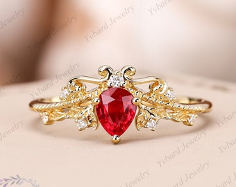 Pear Cut Natural Red Ruby Engagement Ring Solid Yellow Gold Gemstone Ring Diamond Wedding Band July Birthstone Anniversary Gift Promise Ring