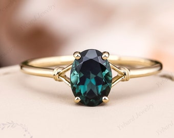 Nautarl Teal Sapphire Engagement Ring Unique Oval Blue Green Sapphire Ring Solid 14k/18k Gold Solitaire Wedding Bridal Ring Anniversary Ring