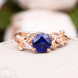 Lab Created Blue Sapphire Engagement Ring Vintage 925 Sterling Silver Ring Nature Inspired Unique Leaf Ring Gemstone Ring Promise Ring Women