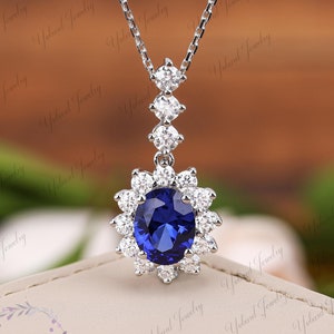 Oval Blue Sapphire Necklace Solid White Gold Pendant Necklace Moissanite Halo Silver Necklace September Birthstone Anniversary Gifts for her