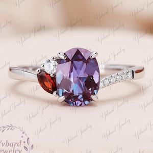Unique oval cut alexandrite engagement ring Solid 14k white gold art deco promise ring Anniversary gifts for women Gemstone cluster ring