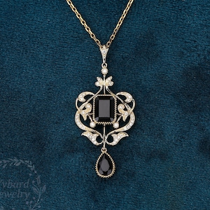 Luxury Solid 14K Yellow Gold Natural Black Onyx Pendant Moissanite Pendant Necklace Vintage Flower Style Wdding Engagement Pendant Jewelry
