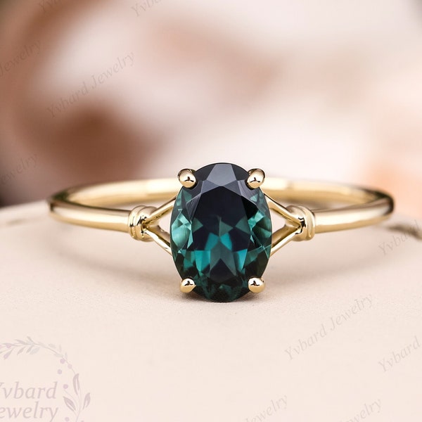 Nautarl Teal Sapphire Engagement Ring Unique Oval Blue Green Sapphire Ring Solid 14k/18k Gold Solitaire Wedding Bridal Ring Anniversary Ring