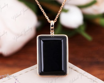 Vintage Black Onyx Pendant Necklace Solid 14K Rose Gold Pendant Natural Black Agate Necklace Minimalist Necklace Anniversary Gifts For Her
