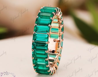 Emerald Cut Green Emerald Full Eternity Band 14K Yellow Gold Wedding Ring May Birthstone Ring Dainty Stacking Ring Women Bridal Ring Gift