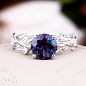 Unique Leaf Design Ring Round Alexandrite Engagement Ring Solid Gold Ring Promise Ring Art Deco Anniversary Gift Natural Inspired Ring Women