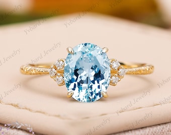 Oval Cut 2CT Natural Aquamarine Diamond Engagement Ring 10k/14k/18k Solid Yellow Gold Rings for Women Gemstone Anniversary Gifts for her