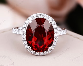 Oval Cut Red Ruby Engagement Ring 10K/14K/18K White Gold Wedding Ring Moissanite Halo Ring Bridal Ring Art Deco Anniversary Ring For Women