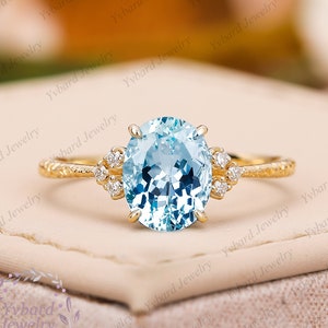 Oval Cut 2CT Natural Aquamarine Diamond Engagement Ring 14k/18k Solid Yellow Gold Rings for Women Gemstone Anniversary Gift Handmade Ring