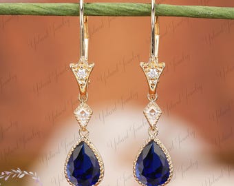 Blue Sapphire Teardrop Earrings Solid 14K Yellow Gold Moissanite Drop Earrings Sep Birthstone Leverback Earrings Anniversary Gifts for Her