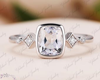 Cushion Cut Natural White Topaz Engagement Ring Solid White Gold Wedding Ring Diamond Promise Bridal Rings For Women Personalized Jewelry