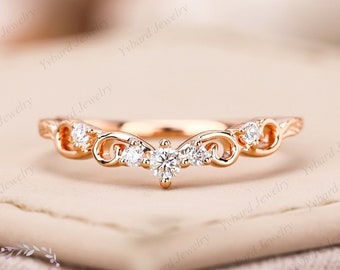 Unique Natural Diamond Wedding Band Wedding Ring 14k / 18k Soild Rose Gold Promise Ring Vintage Matching Stacking Band Curved Wedding Band