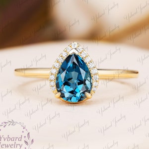 Birne geschnitten natürliche London Blue Topas Verlobungsring Solid 14K Gelbgold Moissanite Halo Ring Hochzeit Braut Versprechen Ring Jahrestagsgeschenk