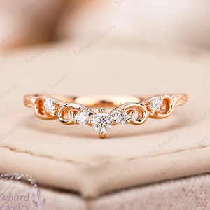 Unique Natural Diamond Wedding Band Wedding Ring 14k / 18k Soild Rose Gold Promise Ring Vintage Matching Stacking Band Curved Wedding Band