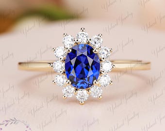 Brilliant Oval Cut Lab Created Blue Sapphire Engagement Ring Solid 14K Yellow Gold Moissanite Female Ring Princess Diana Style Promise Ring