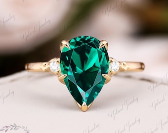 Solid 14K Yellow Gold Engagement Ring Pear Cut Lab Created Green Emerald Ring Minimalist Diamond Promise Ring Anniversary Gift for Women