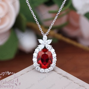 Solid 14K Gold Ruby Necklace, Moissanite Halo Necklace, Ruby Gemstone Pendant, July Birthstone Anniversary Necklace, Christmas Gifts for Her