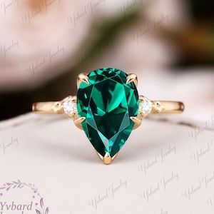 Solid 14K Yellow Gold Engagement Ring Pear Cut Lab Created Green Emerald Ring Minimalist Diamond Promise Ring Anniversary Gift for Women
