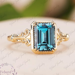 Vintage Emerald Cut Teal Sapphire Yellow Gold Engagement Ring Lab Blue Green Sapphire Wedding Ring Solitaire Promise Ring Anniversary Gifts