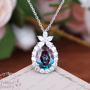 2CT Oval Alexandrite Necklace Solid 14k White Gold June Birthstone Pendant Women Colour Changed Gemstone Anniversary Necklace Gift For Her