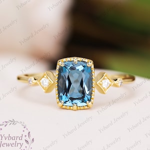 London Blue Topaz Engagement Ring Vintage Cushion Cut 2.15ct 14K Yellow Gold Ring Natural Diamond Bridal Ring Promise Ring Anniversary Gift