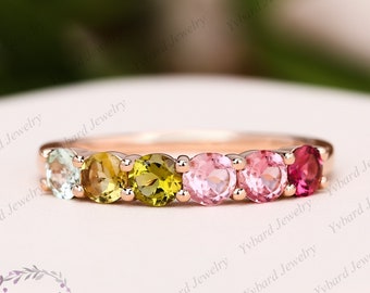 Natural Tourmaline Wedding Ring 6 Stone Dainty Rainbow Ring for Women 14K Rose Gold Ring Ring for Women Multi Gemstone Ring Anniversary Gift
