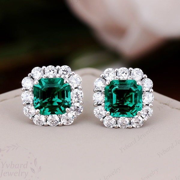 Asscher Cut Emerald Stud Earrings in White Gold Wedding Earrings, Moissanite Halo May Birthstone Earrings for Women, Green Gemstone Earrings