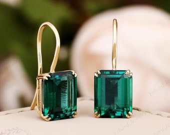 Emerald Cut Green Emerald Earrings Solid 10K/14K/18K Gold Drop Earrings Minimalist Earrings Bridal Wedding Dangle Earrings Anniversary Gift