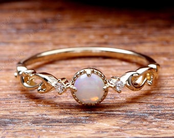 Natural White Opal Wedding Ring, 14K Solid Gold Stacking Rings, Diamond Engagement Rings, Art Deco Promise  Promise Anniversary Ring Women