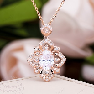 6*8mm Oval Cut Moissanite Pendant Necklace For Women Solid 14K/18K Rose Gold Wedding Necklace Art Deco Pendant Birthday Aniversary Gift