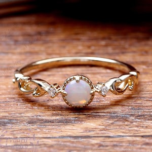 Anillo de boda de ópalo blanco natural, anillos de apilamiento de oro sólido de 14K, anillos de compromiso de diamantes, anillo de aniversario de promesa de promesa art deco para mujeres