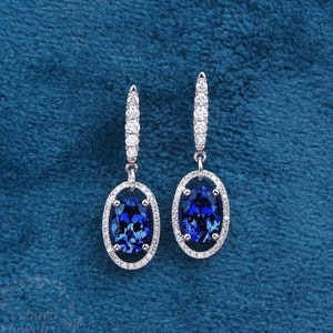 Oval Cut Blue Sapphire Drop Earrings Dangle Earrings Solid White Gold Wedding Earrings Bridal Birthday Earrings Anniversary Gift for Women