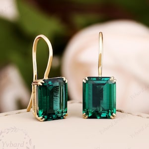 Emerald Cut Green Emerald Earrings Solid 10K/14K/18K Gold Drop Earrings Minimalist Earrings Bridal Wedding Dangle Earrings Anniversary Gift