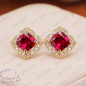 Solid Yellow Gold Cushion Cut Ruby Stud Earrings, Vintage Filigree Lab Created Ruby Wedding Earrings, Mother's Day Gift, Anniversary Gift
