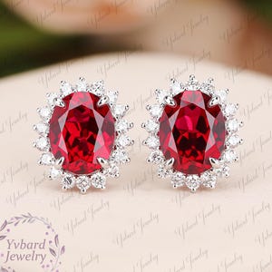 Solid 10K/14K/18K Gold Oval Cut Lab Ruby Stud Earrings, Gemstone Sapphire Emerald Wedding Earrings, Halo Earring, Anniversary Birthday Gift