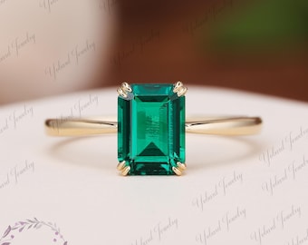 Emerald Cut 2CT Lab Emerald Solitaire Ring Yellow Gold Minimalist Ring Statement Promise Ring Women May Birthstone Anniversary Gifts for Her