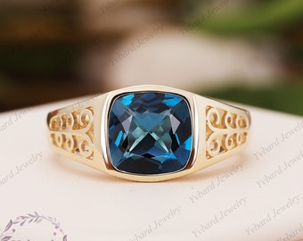 Solid 14K Yellow Gold Men Wedding Band Natural London Topaz Topaz Signet Ring Wedding Anniversary Band Promise Ring Gift For Him Unisex Ring