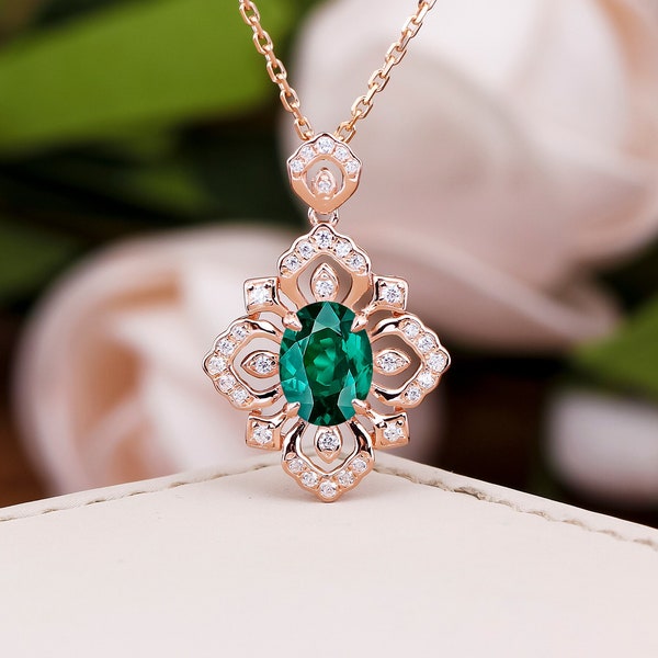 Emerald Pendant Solid 14k Gold Oval Green Emerald Necklace Women Gemstone May Birthstone Pendant Anniversary Gifts for Her Wedding Jewelry