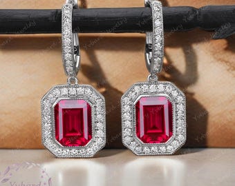 Emerald Cut Ruby Dangle Earrings Solid 10K/14K/18K Gold Drop Earrings July Birthstone Earrings Gemstone Leverback Earrings Gifts for Mom