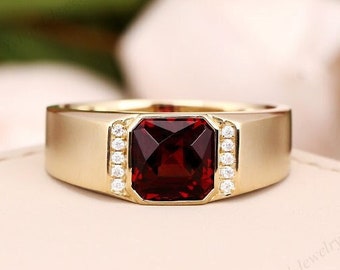 18K/14K/10K Solid Yellow Gold Garnet Ring Natural Garnet Rings For Men Gold Ring Statement Rings Engagement Ring Wedding Ring Gift For Him
