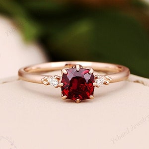 Red Ruby Gold Ring, Solid 14K Rose Gold Engagement Ring, Lab Created Ruby Gemstone Ring, Dainty Gold Jewelry, Promise Ring, Gift For Her