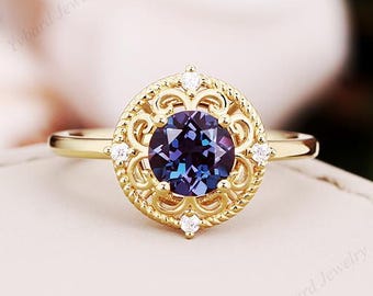 Massiver Gelbgold Ehering Alexandrit Verlobungsring Echter Diamant Brautring Art Deco Jahrestag Ring einzigartiges Versprechen Vorschlag Ring